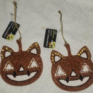 World Market Beaded Orange Cat Halloween Ornaments New with Tags Set of 2